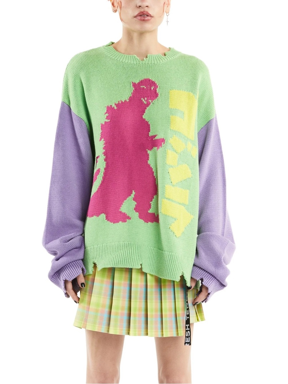 Teddy Fresh Godzilla Graphic distressed color block neon punk raver Sweater